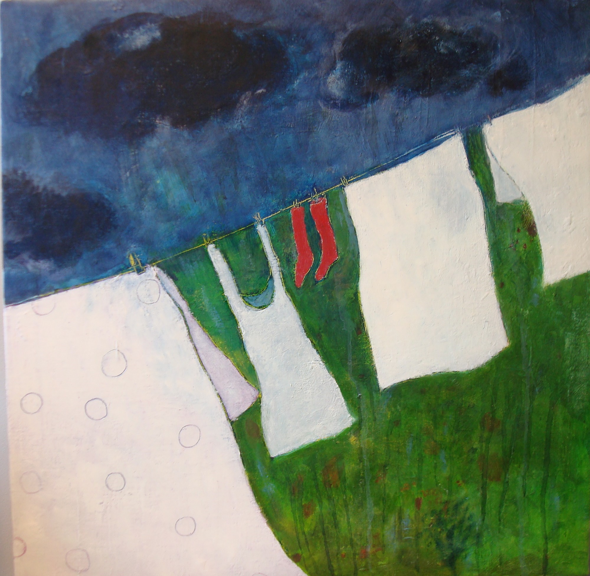 Tørretøj i regn 60x50cm, værk af Kunstner 1